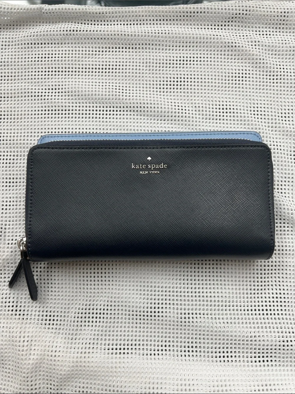 kate spade navy zip-around leather wallet with blue trim